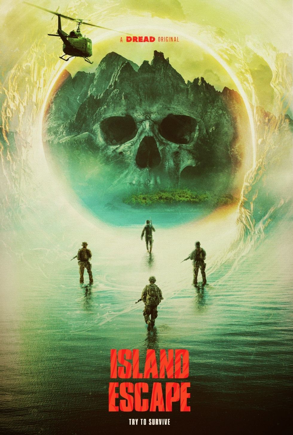 'Island Escape' poster of four military men walking to a skull shaped island.