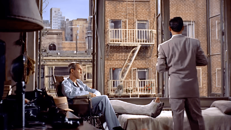 James Stewart as the wheelchair-bound photographer L.B. "Jeff" Jefferies and Wendell Corey as Detective Tom Doyle in \u2018Rear Window\u2019 (1954)