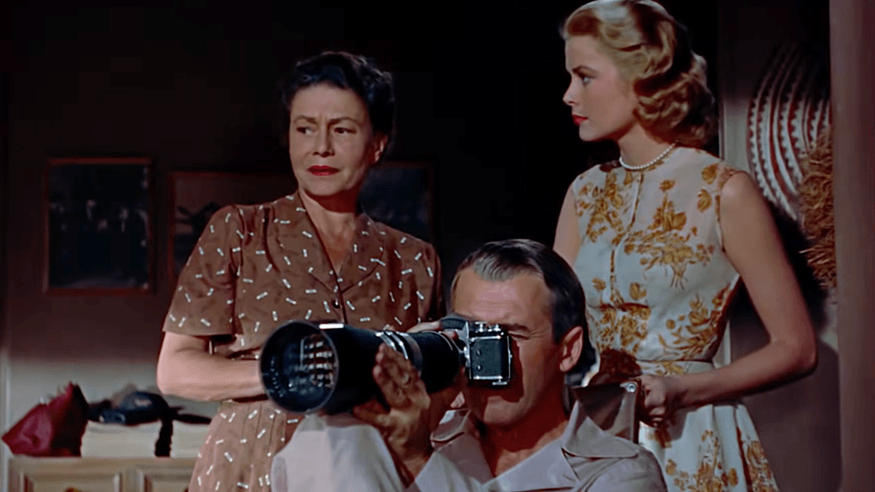 James Stewart, Grace Kelly, and Thelma Ritter in Alfred Hitchcock's classic \u2018Rear Window\u2019 (1954)