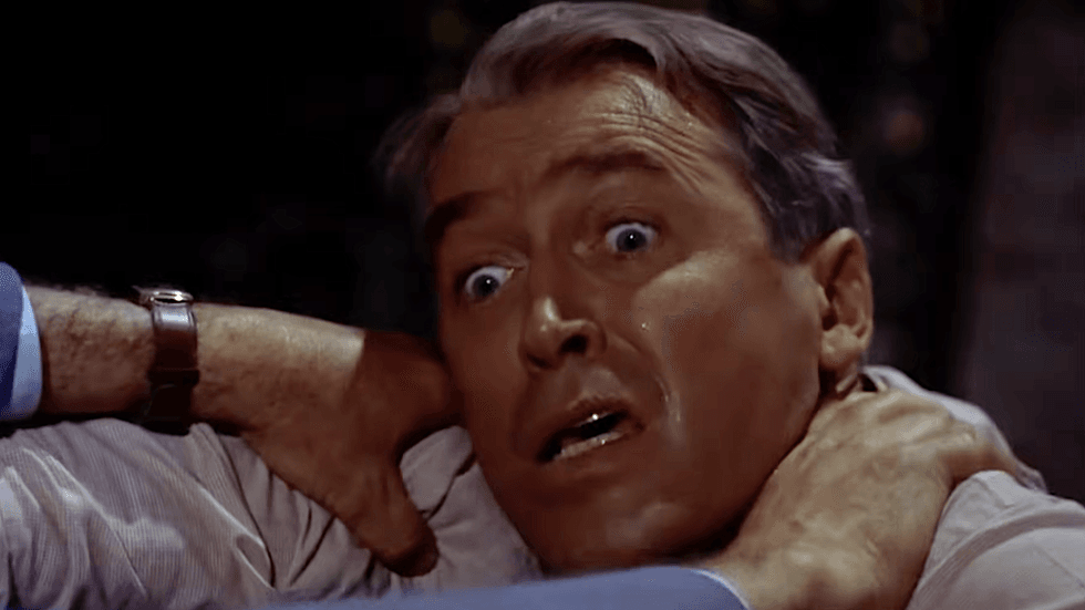 James Stewart in the climax of Alfred Hitchcock's 1954 thriller Rear Window.