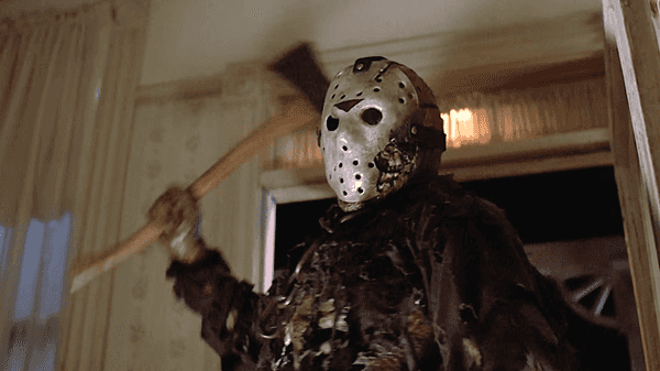 Jason Voorhees wielding an axe in the 1988 slasher film Friday the 13th Part VII: The New Blood