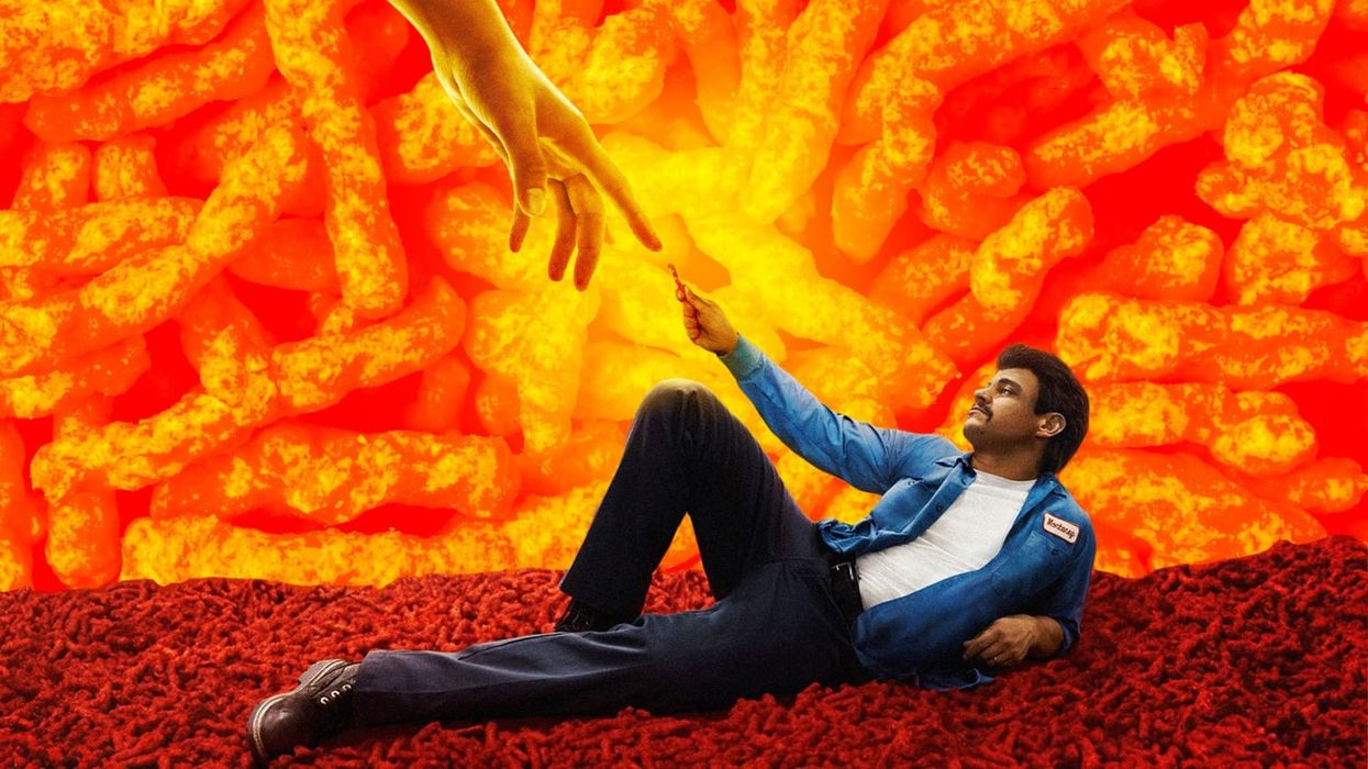 Jesse Garcia as Richard Montañez reaching out to a hand with a flamin' hot chetto, 'Flamin' Hot' poster