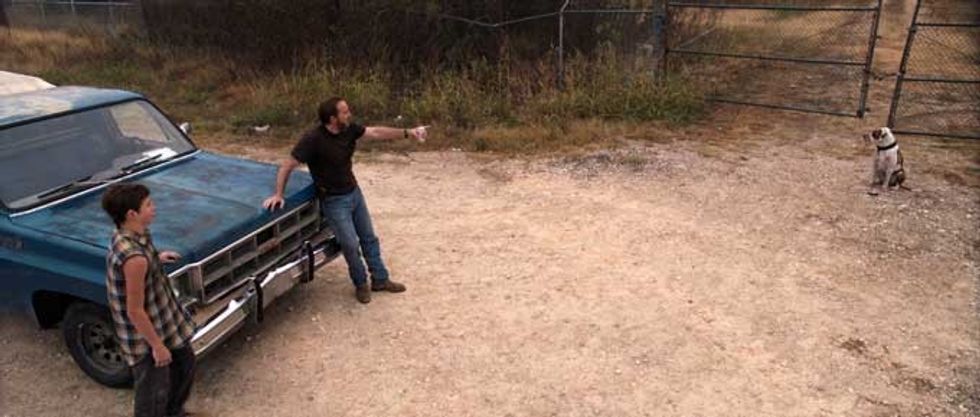 Joe Ransom, played by Nicolas Cage, pointing at a dog in 'Joe'