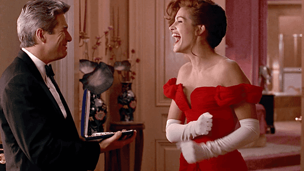 Julia Roberts and Richard Gere in a famous scene from the 1990 romantic comedy Pretty Woman
