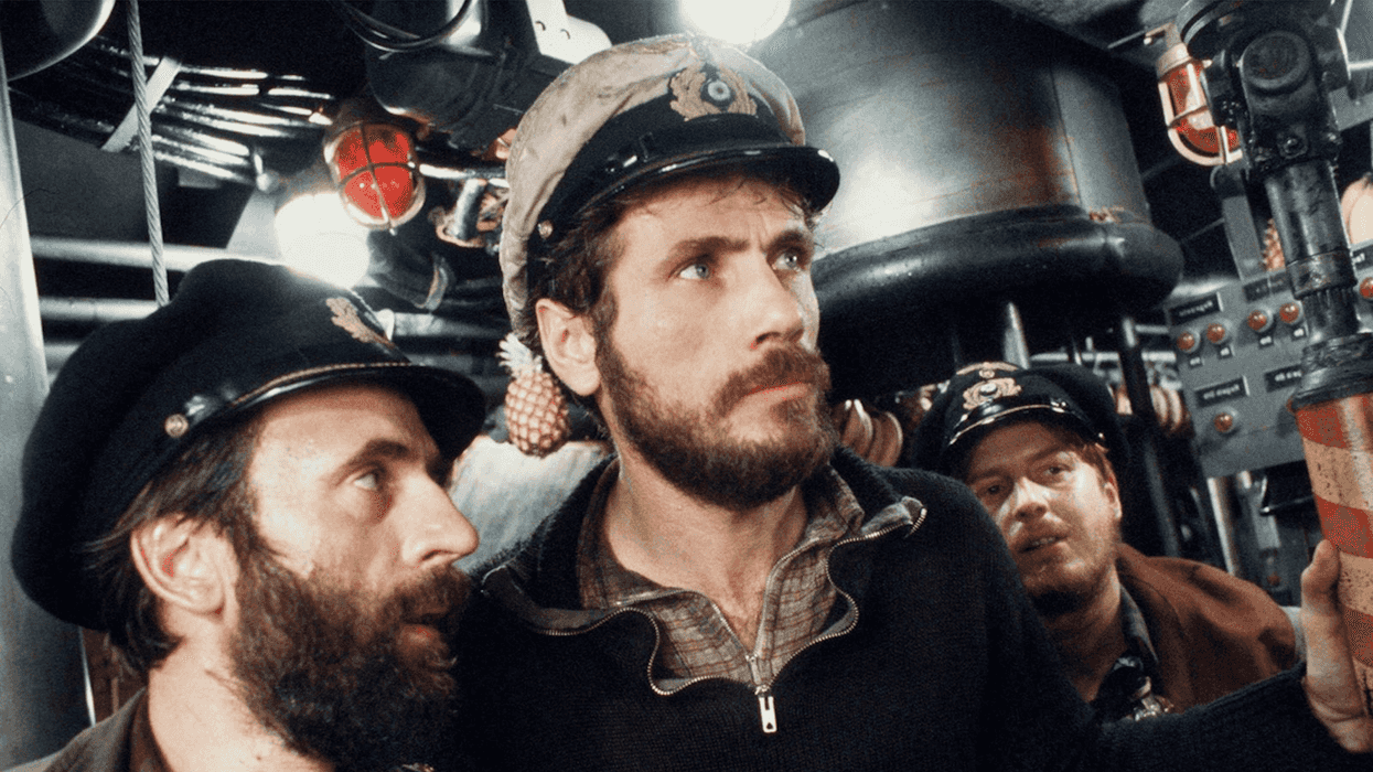 Jürgen Prochnow as Capt.-Lt. Henrich Lehmann-Willenbrock, Herbert Grönemeyer as Lt. Werner, and Klaus Wennemann as Chief Engineer Fritz Grade.