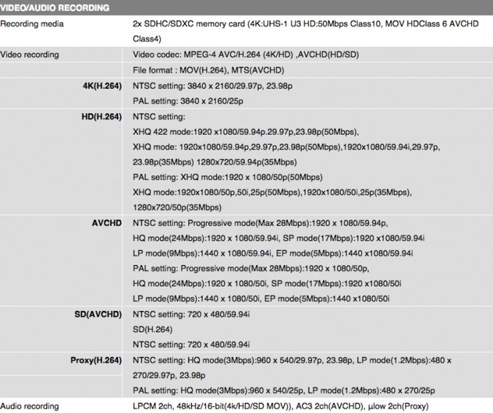 JVC GY-LS300U 4KCAM Specifications
