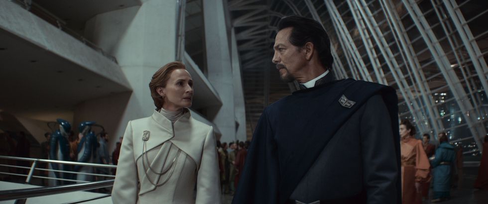 (L-R) Mon Mothma (Genevieve O'Reilly) and Bail Organa (Benjamin Bratt) in Lucasfilm's ANDOR Season 2, exclusively on Disney+. Photo courtesy of Lucasfilm. \u00a92025 Lucasfilm Ltd. & TM. All Rights Reserved.
