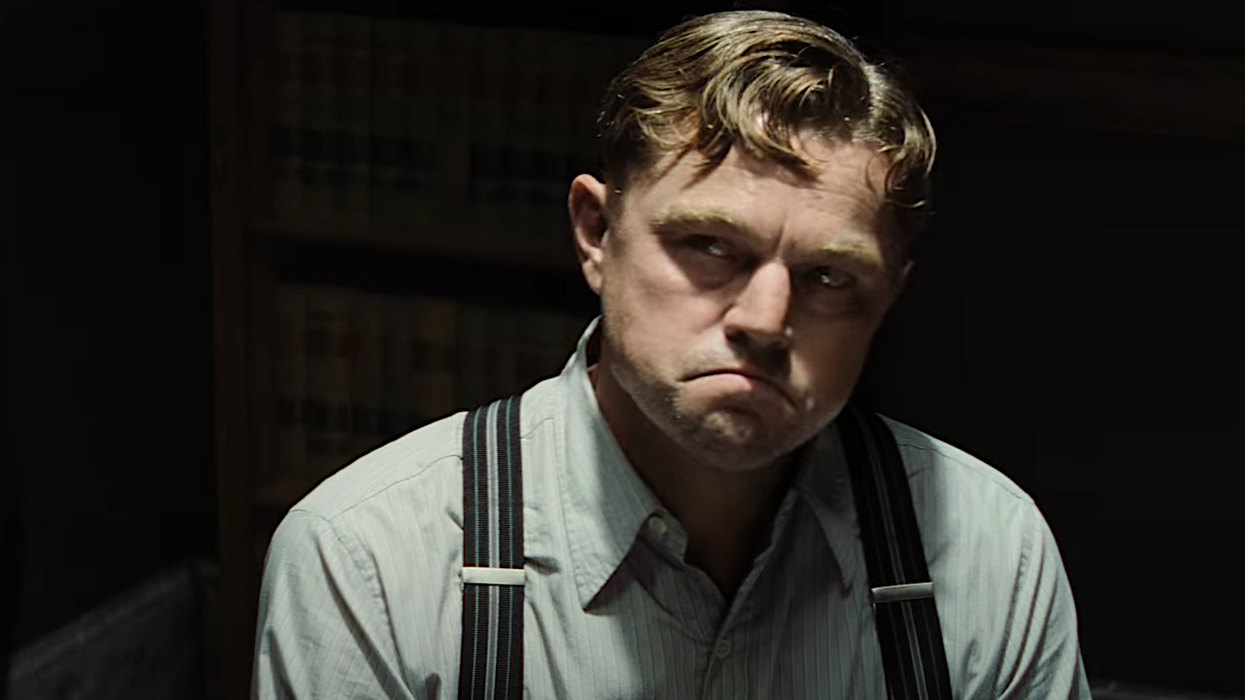 Leonardo DiCaprio as Ernest Burkhart frowning in 'Killers of the Flower Moon'