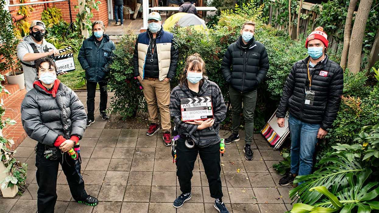 Masked production team is Filmmaking in the time of Corona.
