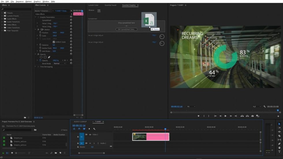 Motion graphics templates with a spreadsheet