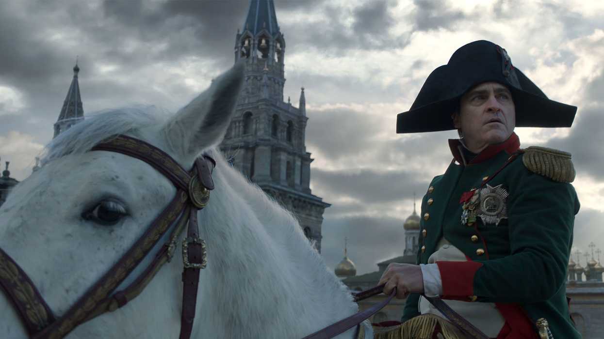 Napoleon Bonaparte, played by Joaquin Phoenix, on a horse in 'Napoleon'