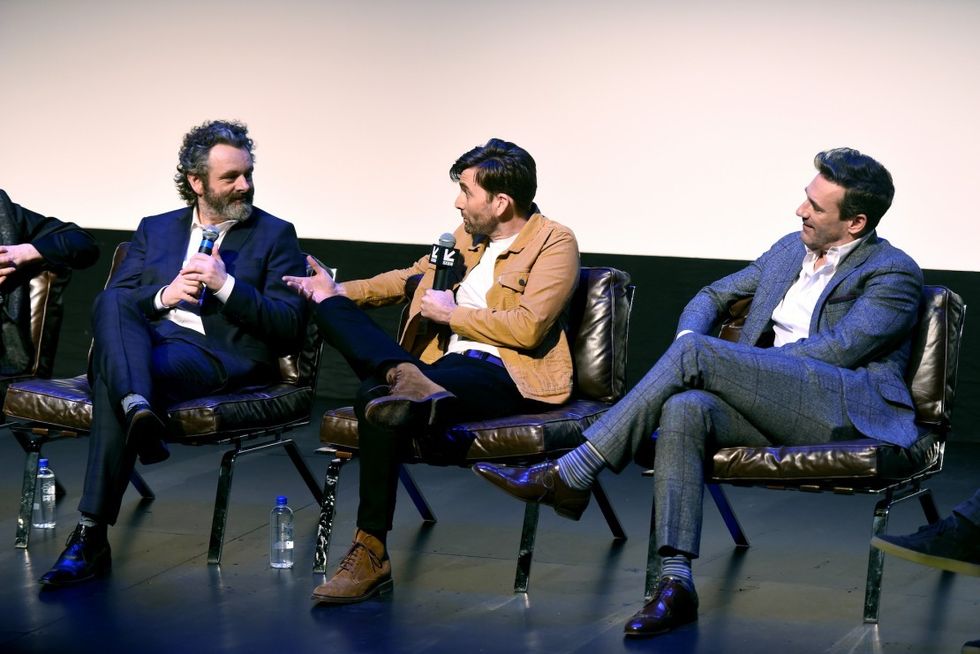 Neil Gaiman, Michael Sheen and Jon Hamm speak during the Good Omens: The Nice and Accurate event during SXSW at ZACH Theatre on March 09, 2019 in Austin, Texas.