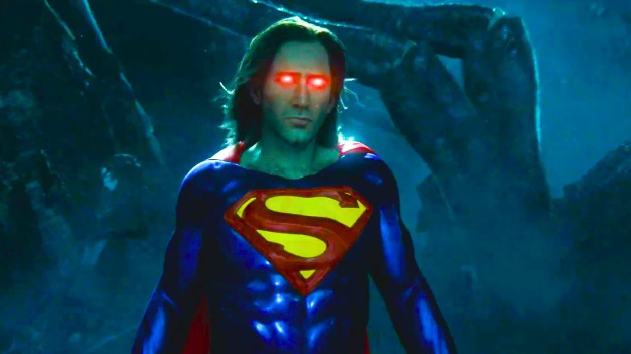 Nicolas Cage as Superman with glowing eyes in 'The Flash'