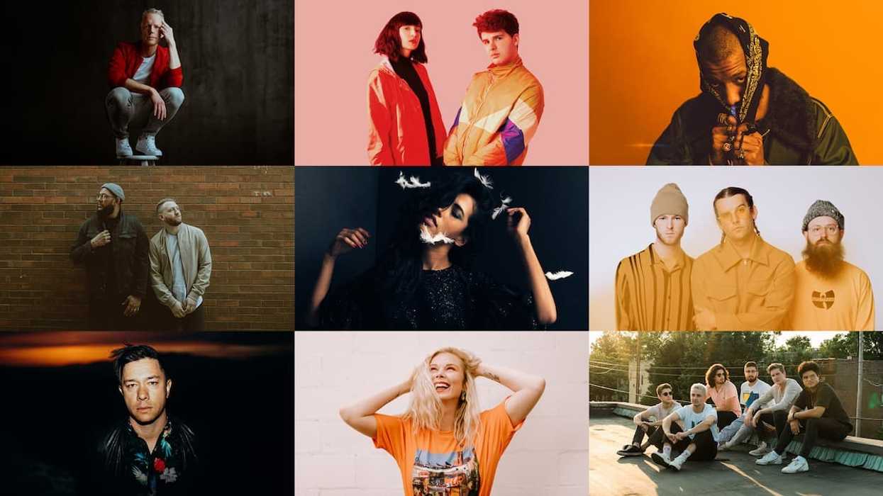 Nine still images of people posing for album covers