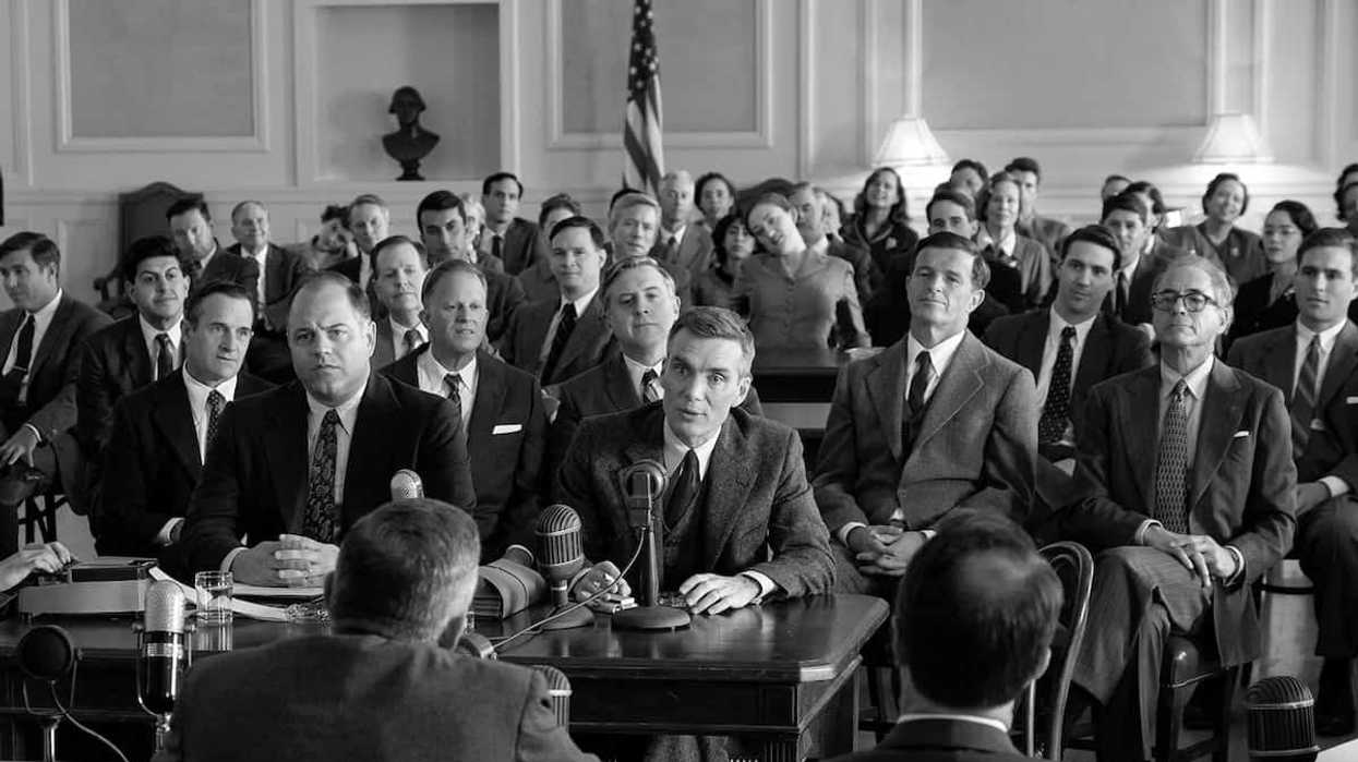 Oppenheimer, played by Cillian Murphy, speaking in a court room in 'Oppenheimer'