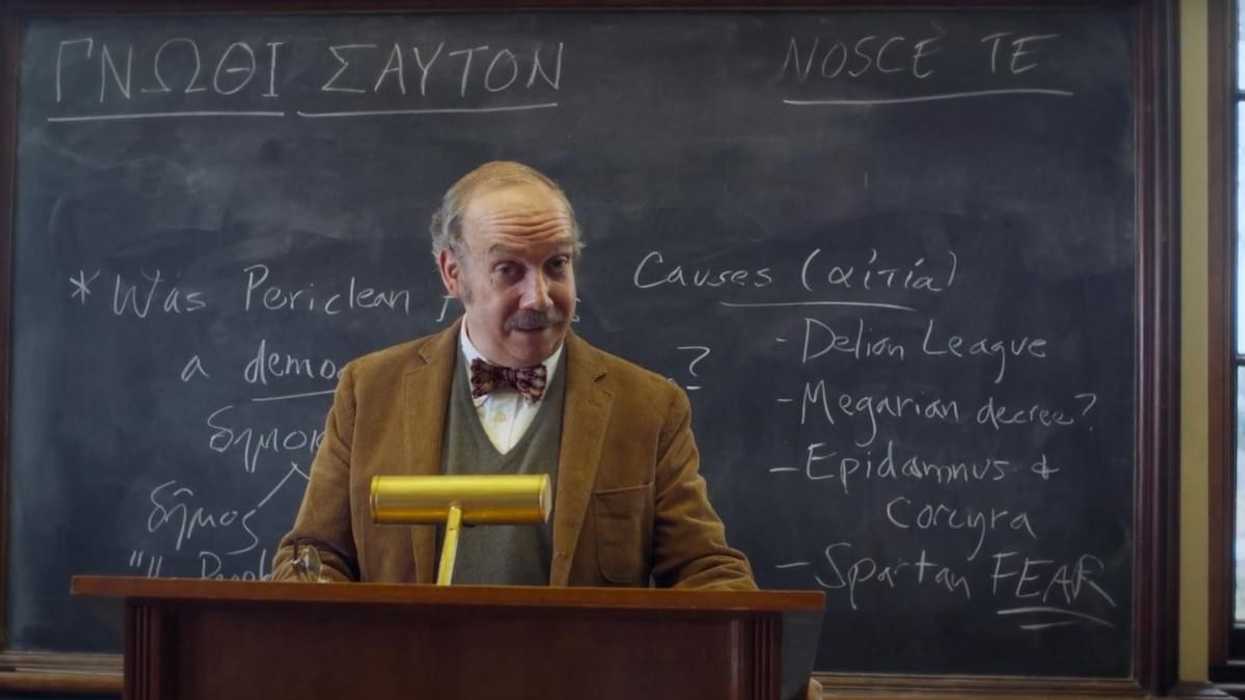 Paul Giamatti as Paul Hunham teaching class in 'The Holdovers'