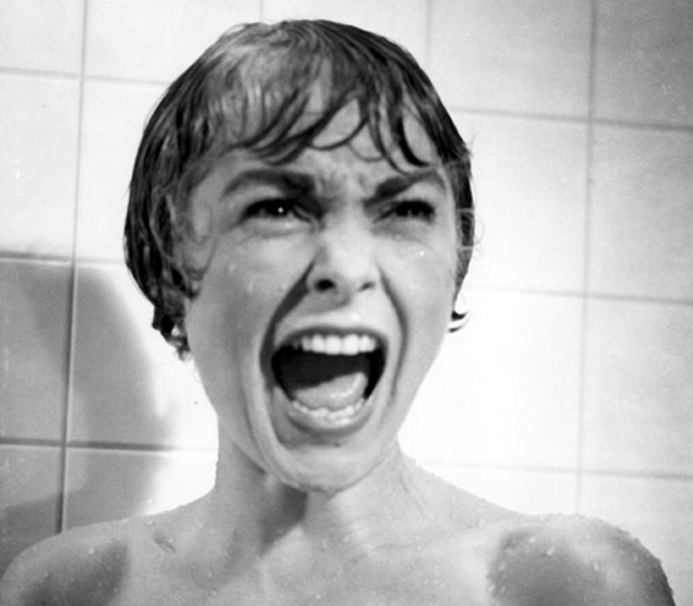 Reaction shot of Marion Crane, played by Janet Leigh, screaming in the shower in 'Psycho'