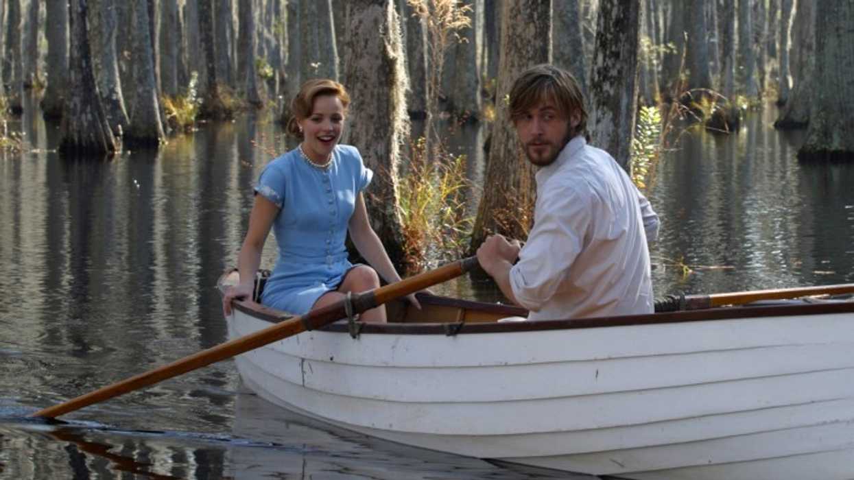 Ryan Gosling as Noah and Rachel McAdams as Allison on a row boat in 'The Notebook'