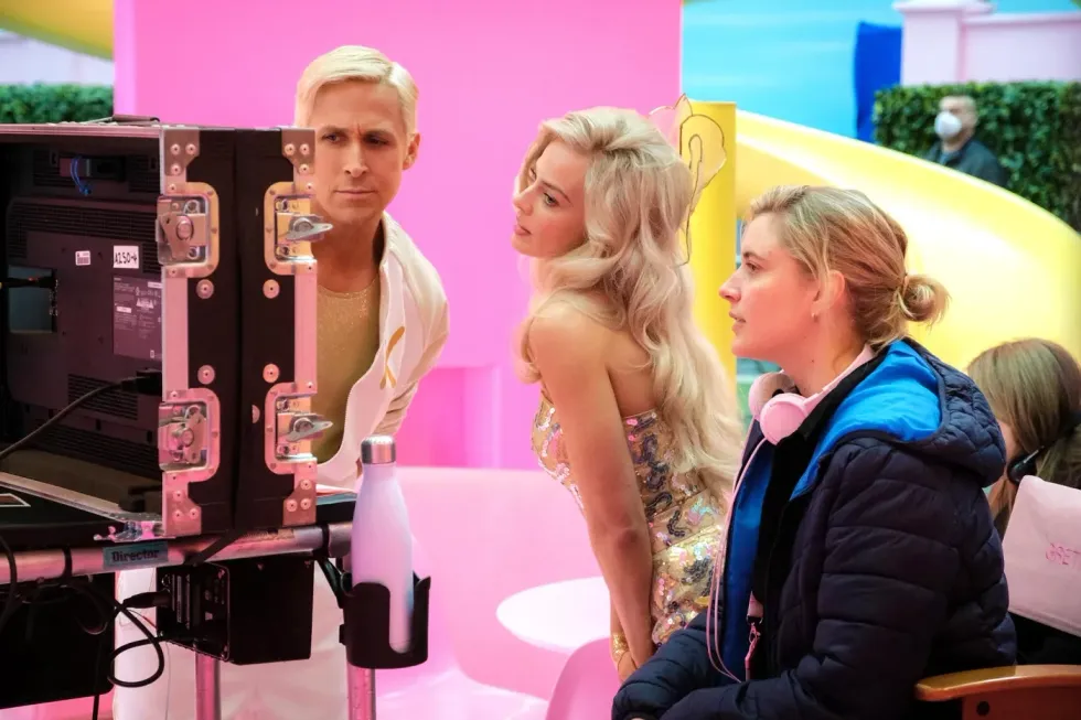 Ryan Gosling, Margot Robbie, and Greta Gerwig on the set of 'Barbie'