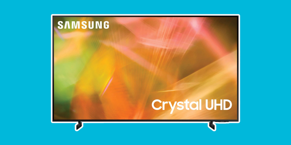 Samsung Crystal UHD 65" 4K HDR Smart LED TV on blue background