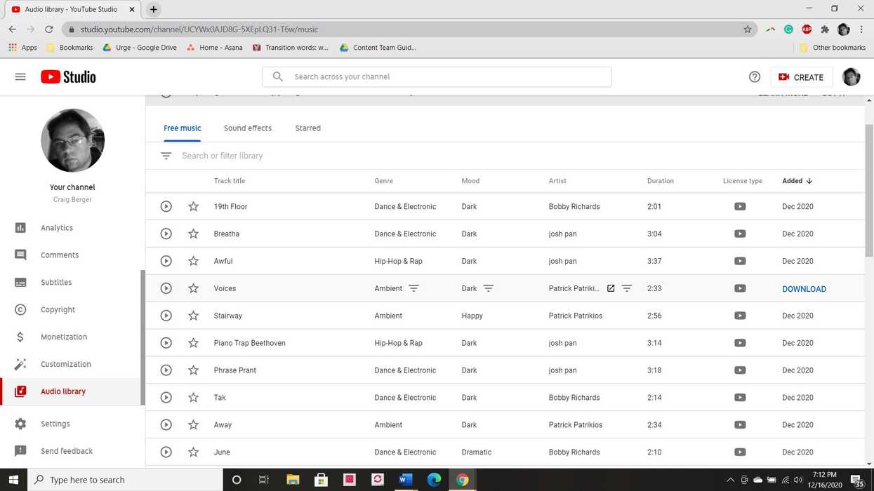 Screenshot of YouTube Audio Library Menu