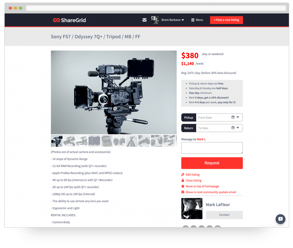ShareGrid NYC Sony FS7 Listing