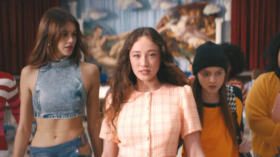 Summer Joy Campbell, Havana Rose Liu, and Kaia Gerber in 'Bottoms.'