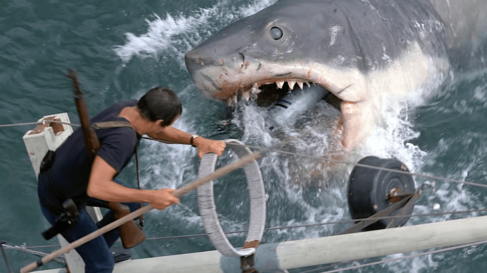 Tense climax scene from Steven Spielberg\u2019s 1975 landmark thriller film Jaws