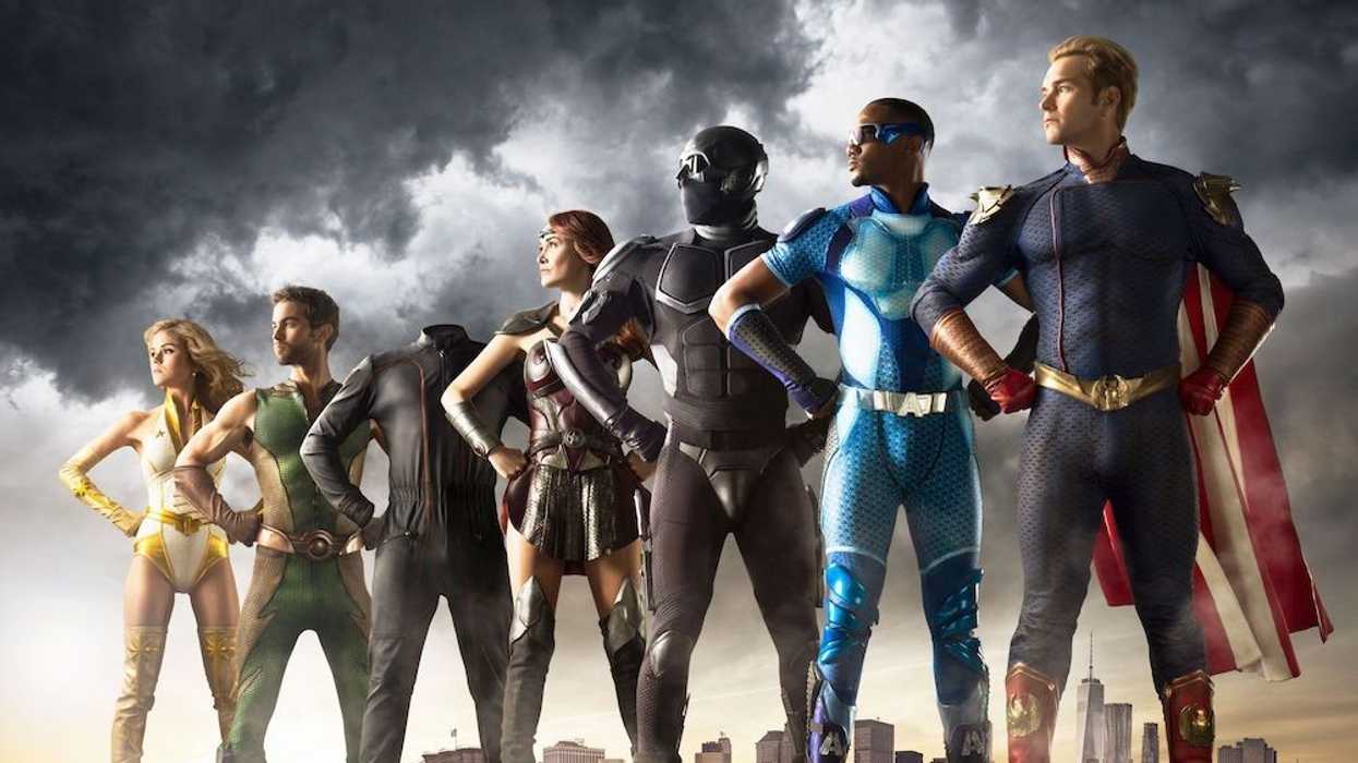 The cast of 'The Boys' posing infront of the city skyline