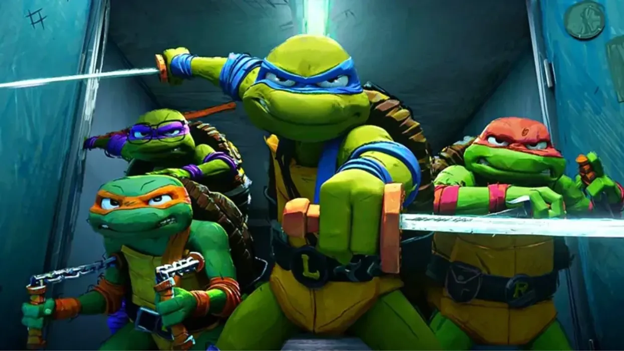 The four ninja turtles posing with their weapons in 'TMNT: Mutant Mayhem'