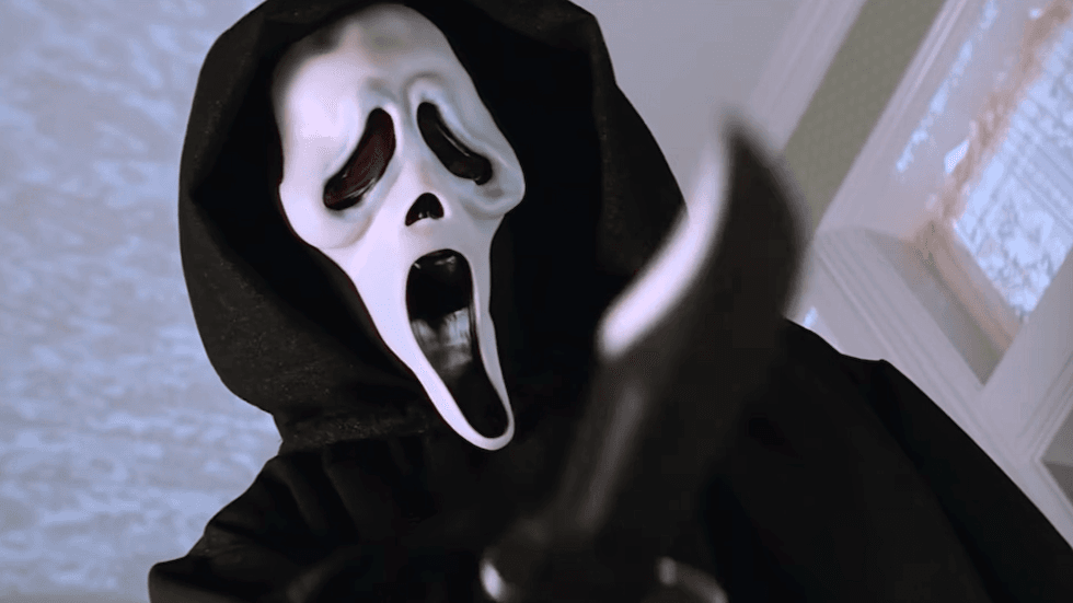 The iconic masked villain Ghostface holding a knife from the Scream franchise