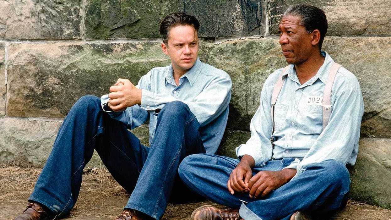 Tim Robbins (as Andy Dufresne) and Morgan Freeman (as Ellis "Red" Redding) in a scene from the 1994 film The Shawshank Redemption
