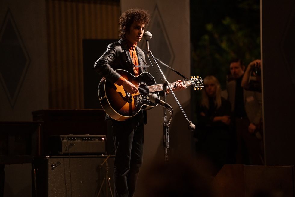 Timothe\u0301e Chalamet in A Complete Unknown. Courtesy of Searchlight Pictures. \u00a9 2024 Searchlight Pictures All Rights Reserved.