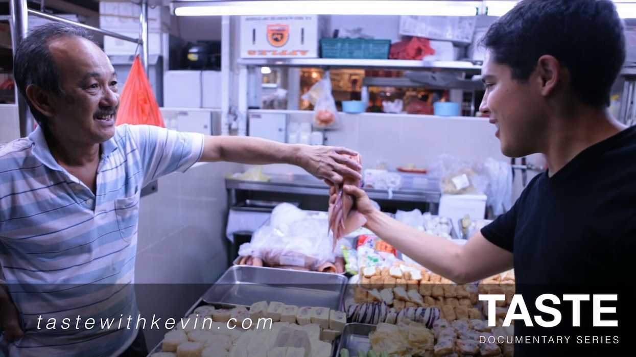 Two men talking about seafood in a kitchen, 'Taste with Kevin'