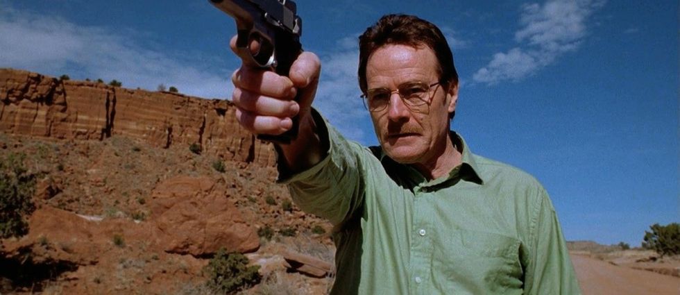 Walter White, played by Bryan Cranston, pointing a gun in 'Breaking Bad'