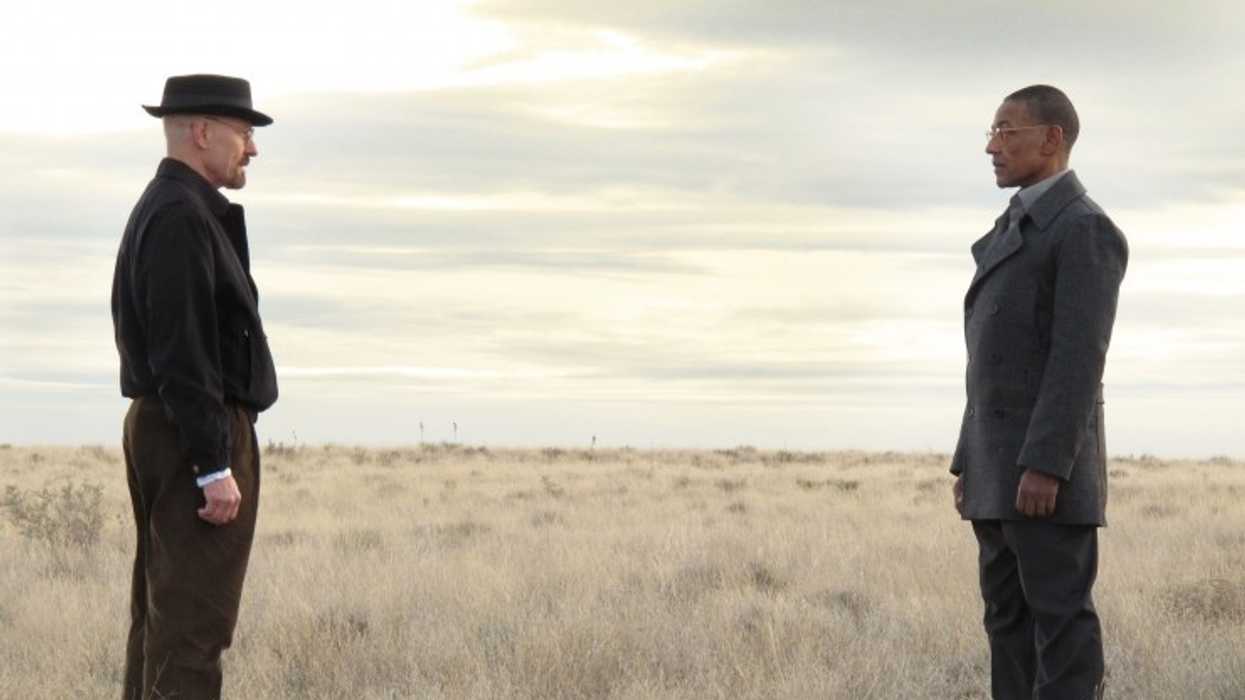 Walter White, played by Bryan Cranston, talking with Gustavo "Gus" Fring, played by Giancarlo Esposito, in a field in 'Breaking Bad'