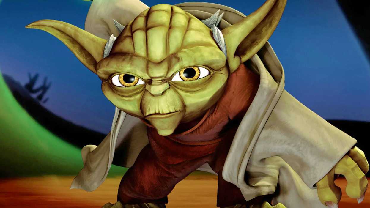 Yoda crouching down in Star Wars: The Clone Wars