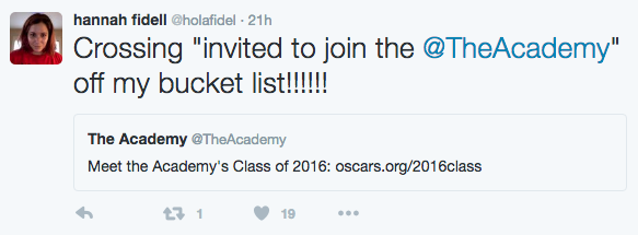 Hannah FIddel Twitter Update Academy Diversity 2016 No Film School oscarssowhite