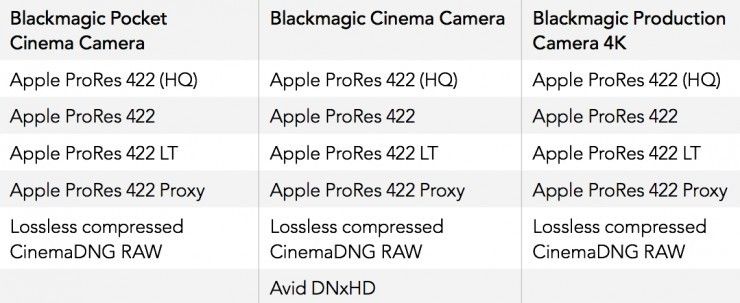 Blackmagic Camera BMCC BMPCC 4K Recording Formats