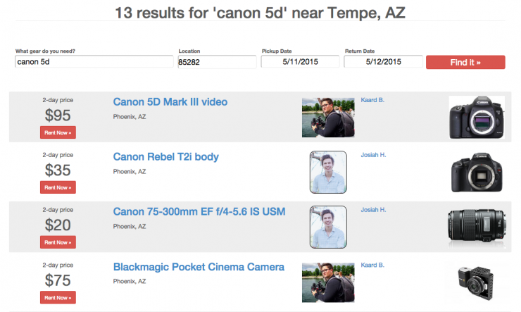 CameraLends Search Results Screen