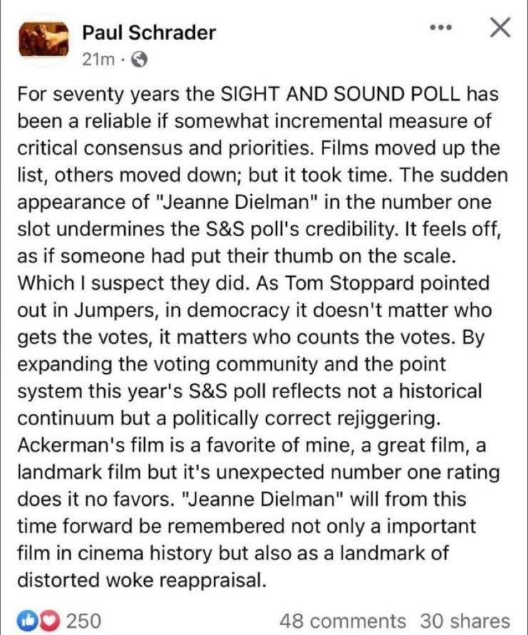 Paul Schrader on Sight and Sound Poll