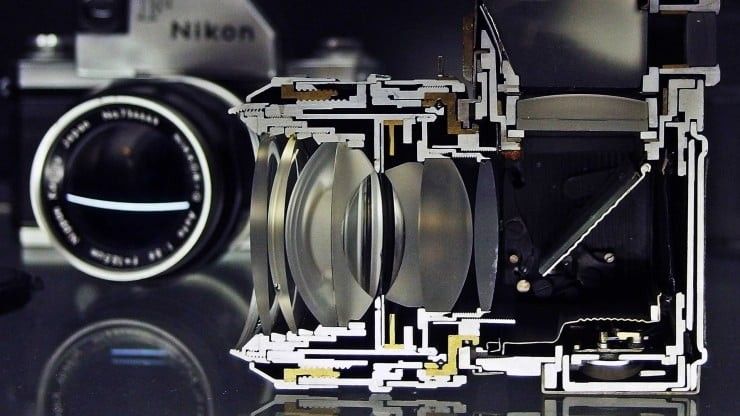 Cross section of Nikon SLR camera and lens